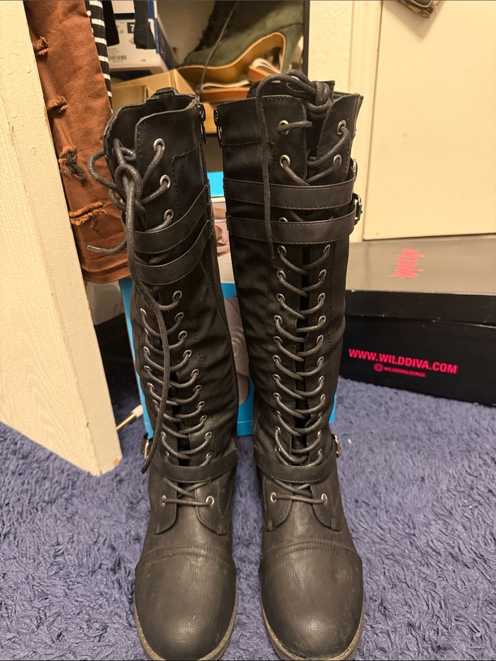 Wild Diva Black Lace-Up Over-the-Knee Combat Boots with Buckle Straps